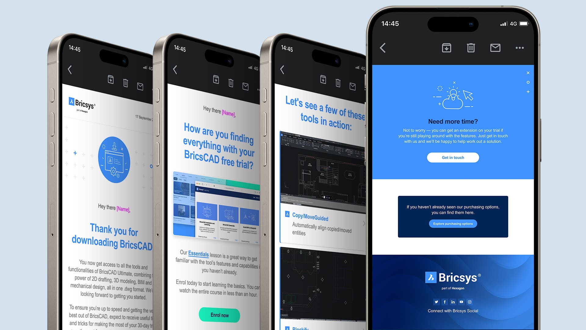 Four smartphones displaying emails about BricsCAD, featuring trial details and support options.