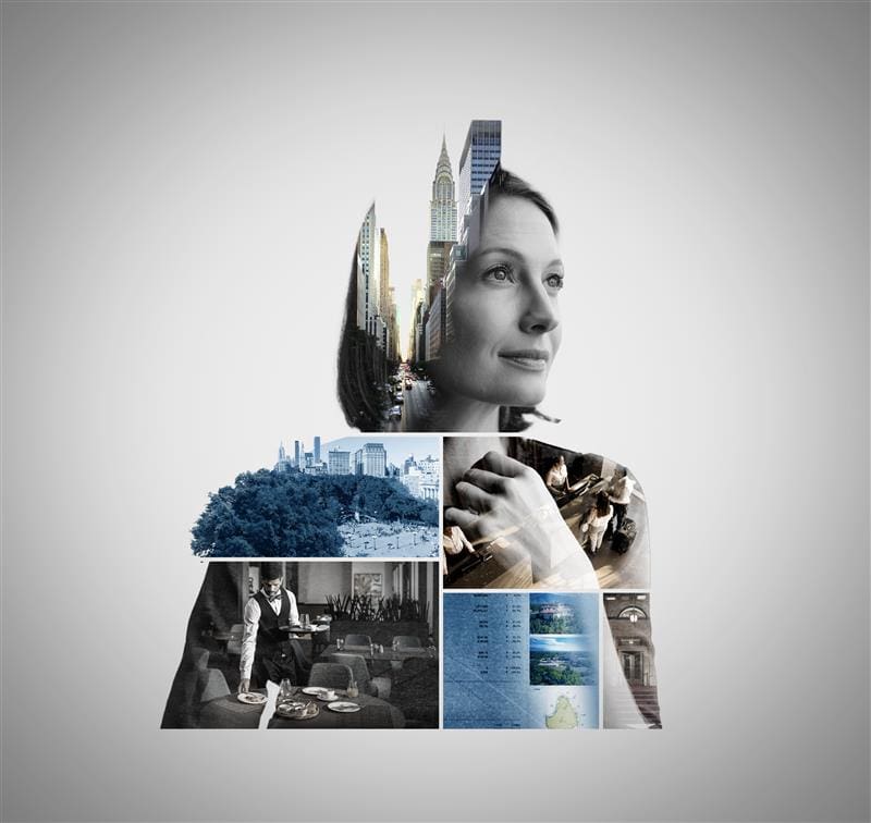 A woman's face superimposed with cityscapes, nature, and various scenes depicting life.