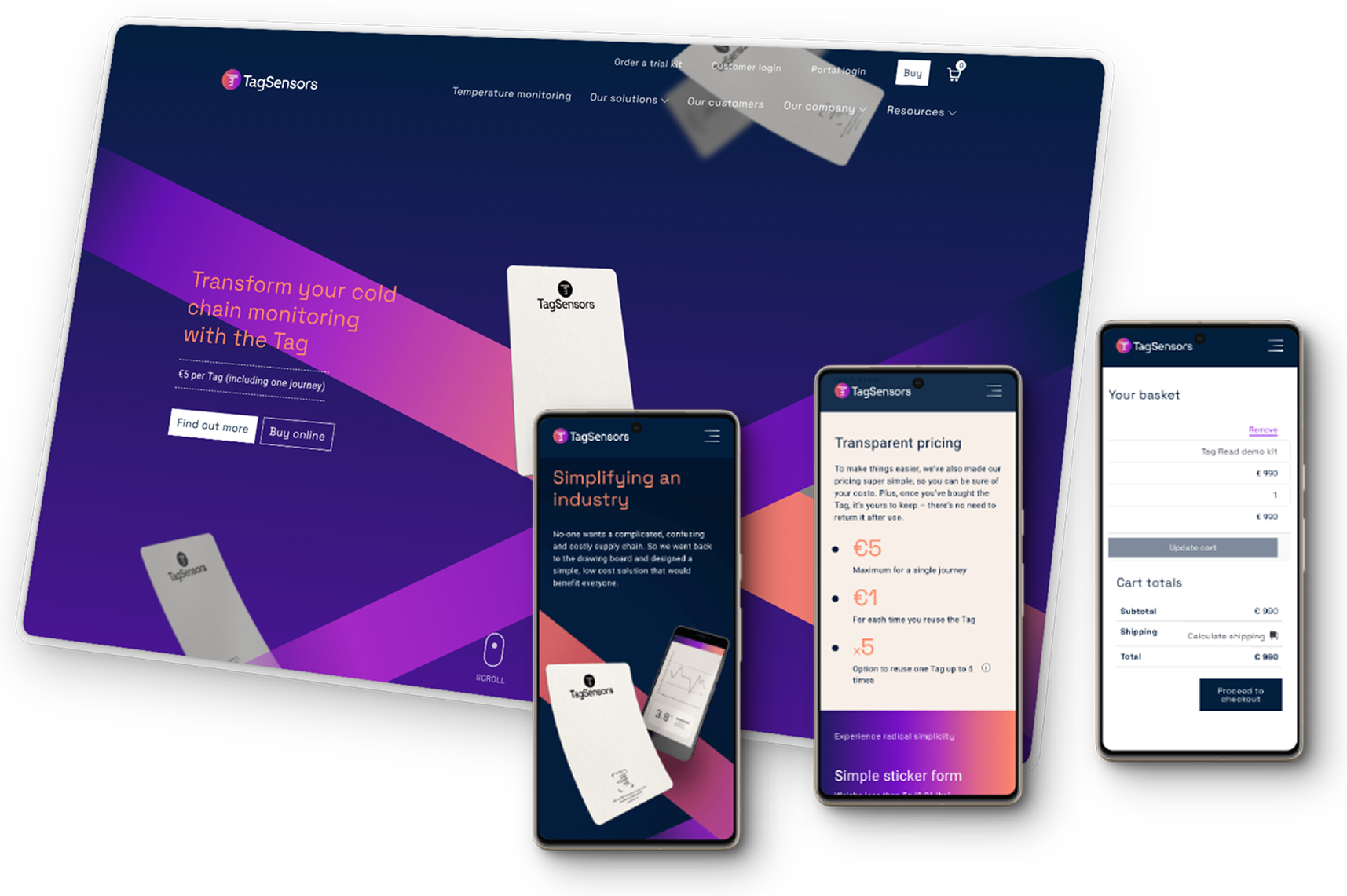 Screenshots of the Tag Sensors website on desktop and mobile